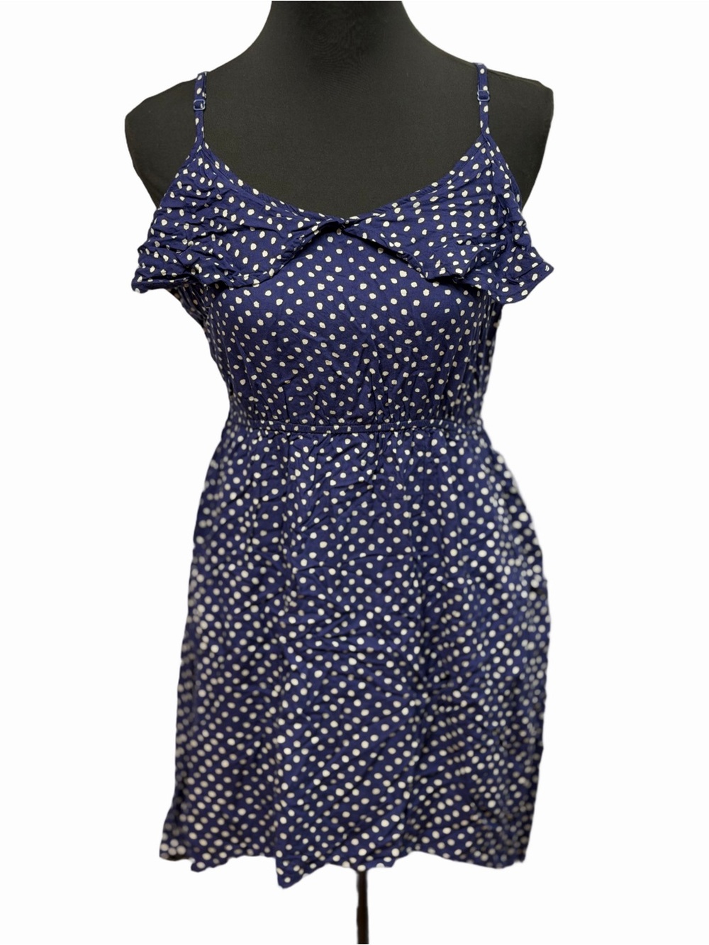 Pink Rose Women’s L Navy Ivory Polka Dot Ruffle Strappy Summer Mini Dress